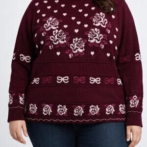 NWT Dark Pink Heart Rose Coquette Bow Sweater — Size 24W